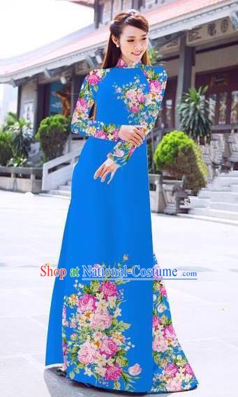 Asian Vietnam Palace Costume Vietnamese Trational Dress Printing Rose Blue Ao Dai Cheongsam Clothing for Women