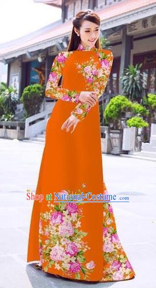 Asian Vietnam Palace Costume Vietnamese Trational Dress Printing Rose Orange Ao Dai Cheongsam Clothing for Women