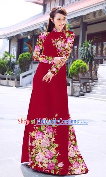 Asian Vietnam Palace Costume Vietnamese Trational Dress Printing Rose Red Ao Dai Cheongsam Clothing for Women