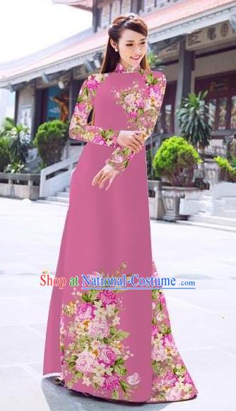 Asian Vietnam Palace Costume Vietnamese Trational Dress Printing Rose Peachy Beige Ao Dai Cheongsam Clothing for Women