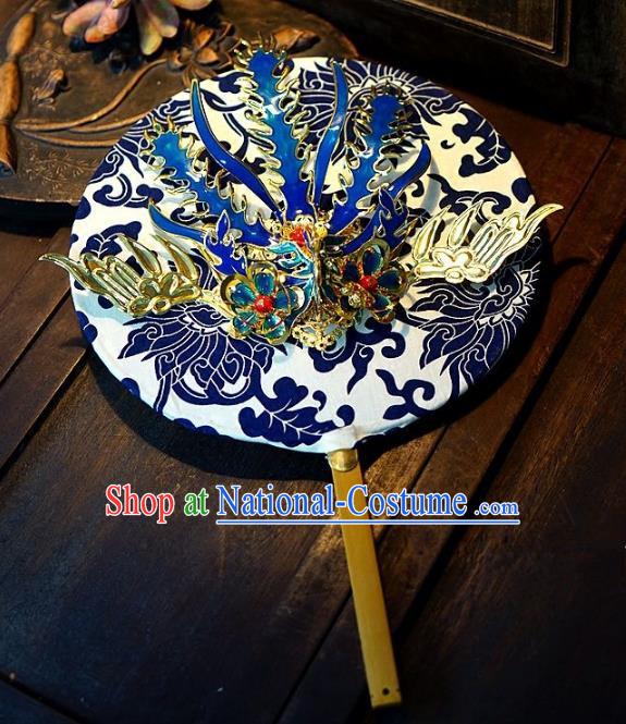 Chinese Handmade Classical Stage Performance Phoenix Fans Ancient Palace Lady Blue and White Porcelain Round Fans for Women