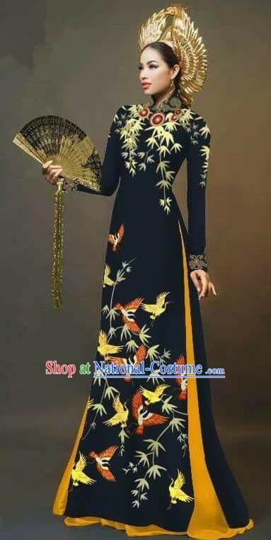 Asian Vietnam National Costume Vietnamese Trational Dress Printing Bamboo Black Ao Dai Cheongsam for Women