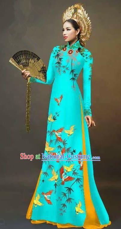 Asian Vietnam National Costume Vietnamese Trational Dress Printing Bamboo Blue Ao Dai Cheongsam for Women