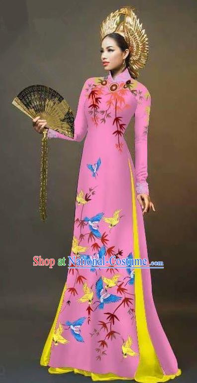 Asian Vietnam National Costume Vietnamese Trational Dress Printing Bamboo Pink Ao Dai Cheongsam for Women