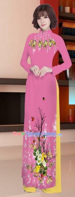 Asian Vietnam National Costume Vietnamese Trational Dress Printing Pink Ao Dai Cheongsam for Women