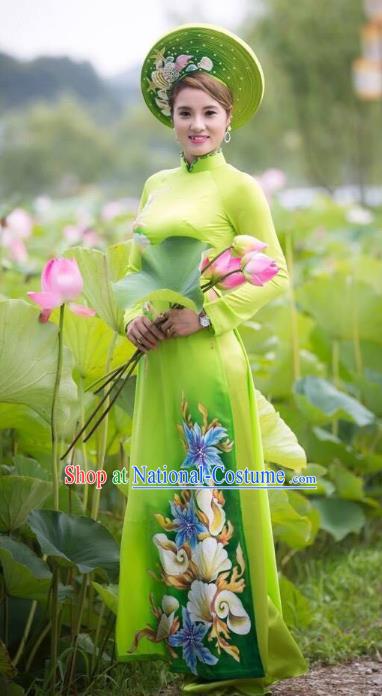 Asian Vietnam National Costume Vietnamese Bride Trational Dress Printing Green Ao Dai Cheongsam for Women