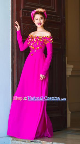 Asian Vietnam National Costume Vietnamese Bride Trational Dress Rosy Ao Dai Cheongsam for Women