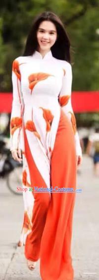 Asian Vietnam National Costume Vietnamese Bride Trational Dress Printing Common Callalily Ao Dai Cheongsam for Women