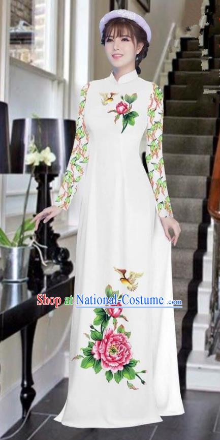 Asian Vietnam National Costume Vietnamese Bride Trational Dress Printing Peony White Ao Dai Cheongsam for Women