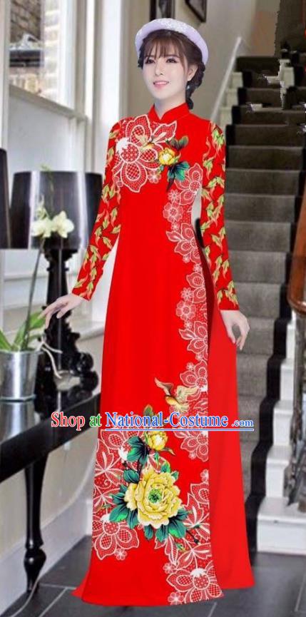 Asian Vietnam National Costume Vietnamese Bride Trational Dress Printing Peony Red Ao Dai Cheongsam for Women