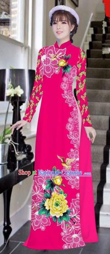 Asian Vietnam National Costume Vietnamese Bride Trational Dress Printing Peony Rosy Ao Dai Cheongsam for Women