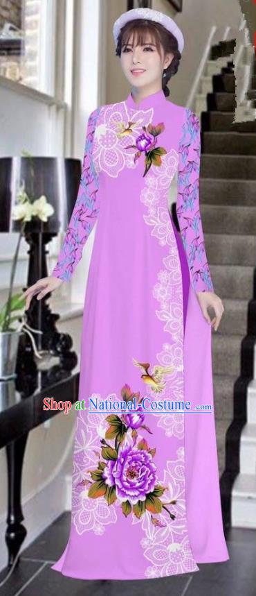 Asian Vietnam National Costume Vietnamese Bride Trational Dress Printing Peony Lilac Ao Dai Cheongsam for Women