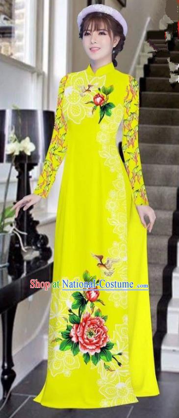 Asian Vietnam National Costume Vietnamese Bride Trational Dress Printing Peony Yellow Ao Dai Cheongsam for Women