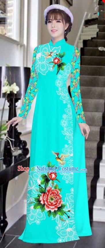 Asian Vietnam National Costume Vietnamese Bride Trational Dress Printing Peony Lake Blue Ao Dai Cheongsam for Women