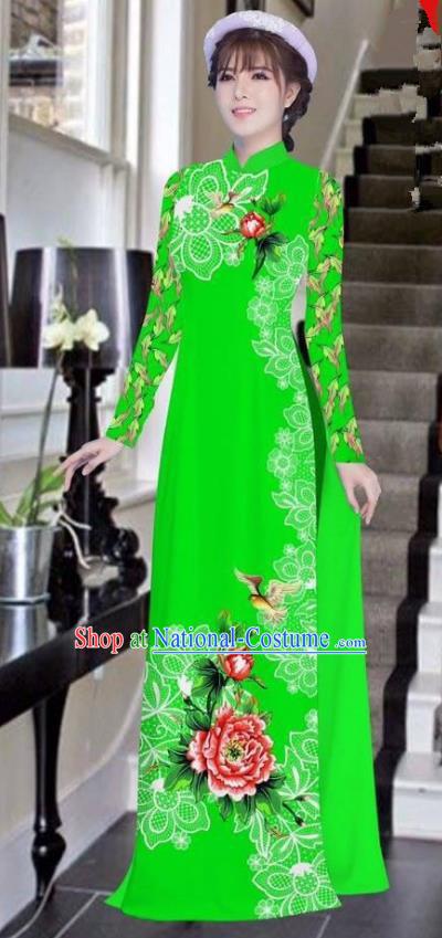 Asian Vietnam National Costume Vietnamese Bride Trational Dress Printing Peony Green Ao Dai Cheongsam for Women