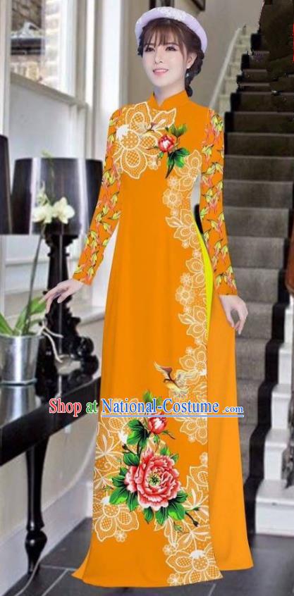 Asian Vietnam National Costume Vietnamese Bride Trational Dress Printing Peony Orange Ao Dai Cheongsam for Women