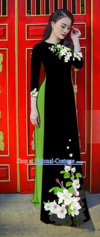 Asian Vietnam National Costume Vietnamese Bride Trational Dress Printing Flowers Black Ao Dai Cheongsam for Women