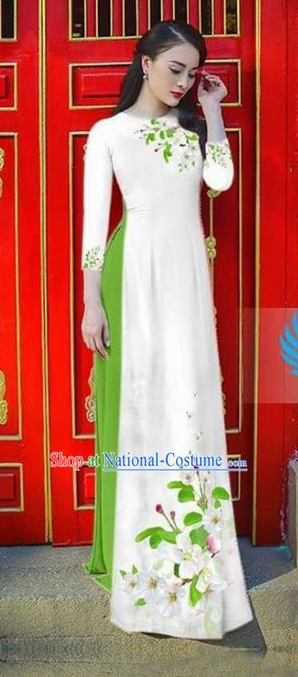 Asian Vietnam National Costume Vietnamese Bride Trational Dress Printing Flowers White Ao Dai Cheongsam for Women