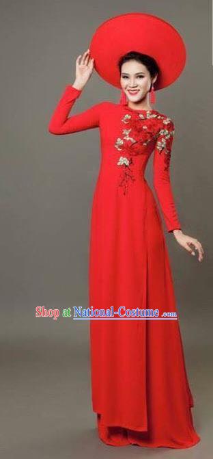 Asian Vietnam Costume Vietnamese Bride Trational Red Ao Dai Cheongsam Dress for Women