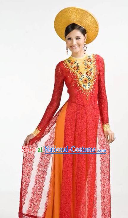 Asian Vietnam Costume Vietnamese Bride Trational Red Ao Dai Cheongsam Dress and Hats for Women