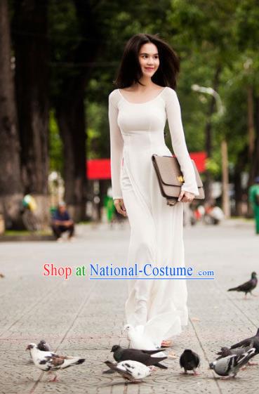 Asian Vietnam Palace Costume Vietnamese Trational Dress White Ao Dai Cheongsam Clothing for Women