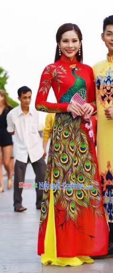 Asian Vietnam Palace Wedding Costume Vietnamese Trational Dress Printing Peacock Red Ao Dai Cheongsam Clothing for Women