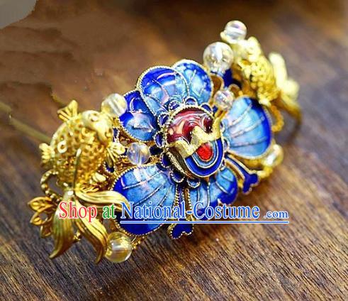 Chinese Handmade Classical Xiuhe Hair Accessories Step Shake Ancient Bride Blueing Lotus Hairpins for Women