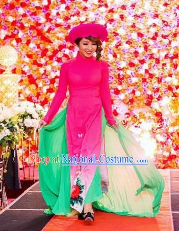 Asian Vietnam Costume Vietnamese Bride Trational Stage Performance Rosy Ao Dai Cheongsam Dress for Women