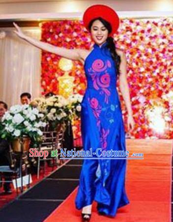 Asian Vietnam Costume Vietnamese Bride Trational Stage Performance Royalblue Ao Dai Cheongsam Dress for Women