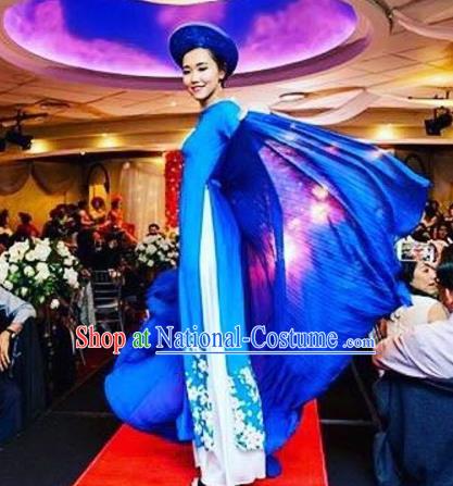 Asian Vietnam Costume Vietnamese Bride Trational Stage Performance Printing Flowers Blue Ao Dai Cheongsam Dress for Women