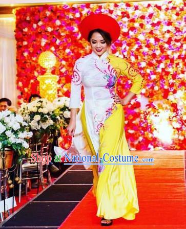 Asian Vietnam Costume Vietnamese Bride Trational Stage Performance Printing Ao Dai Cheongsam Dress for Women