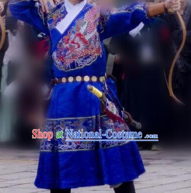 Ancient Chinese Ming Dynasty Imperial Bodyguard Swordsman Embroidered Costume Blue Robe for Men