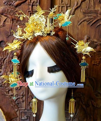 Chinese Handmade Classical Hair Accessories Ancient Crane Phoenix Coronet Hairpins Complete Set for Women