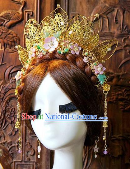 Chinese Handmade Classical Hair Accessories Ancient Golden Lotus Phoenix Coronet Hairpins for Women