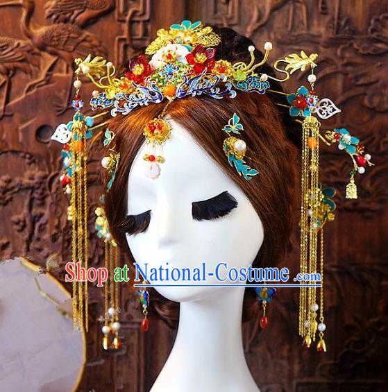 Chinese Handmade Classical Hair Accessories Ancient Hanfu Blueing Phoenix Coronet Hairpins Complete Set for Women