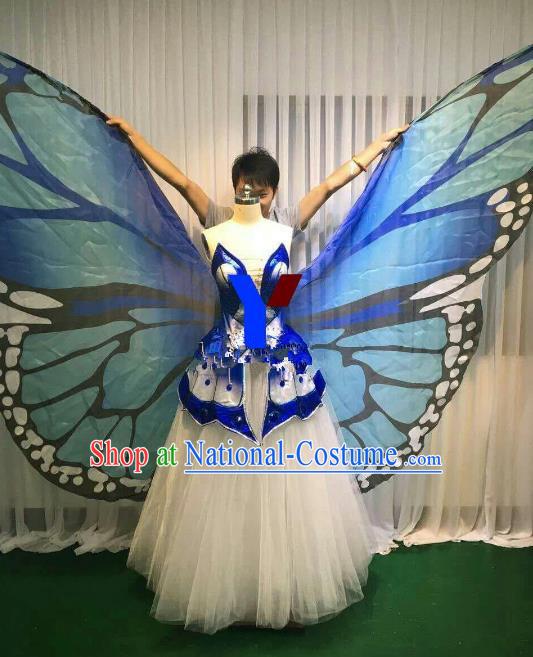 Professional Modern Dance Stage Performance Dress Halloween Costume and Blue Butterfly Wings for Women