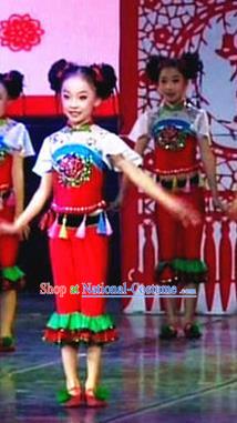 Traditional Chinese Yangge Fan Dance Costume, China Folk Dance Yangko Clothing for Kids