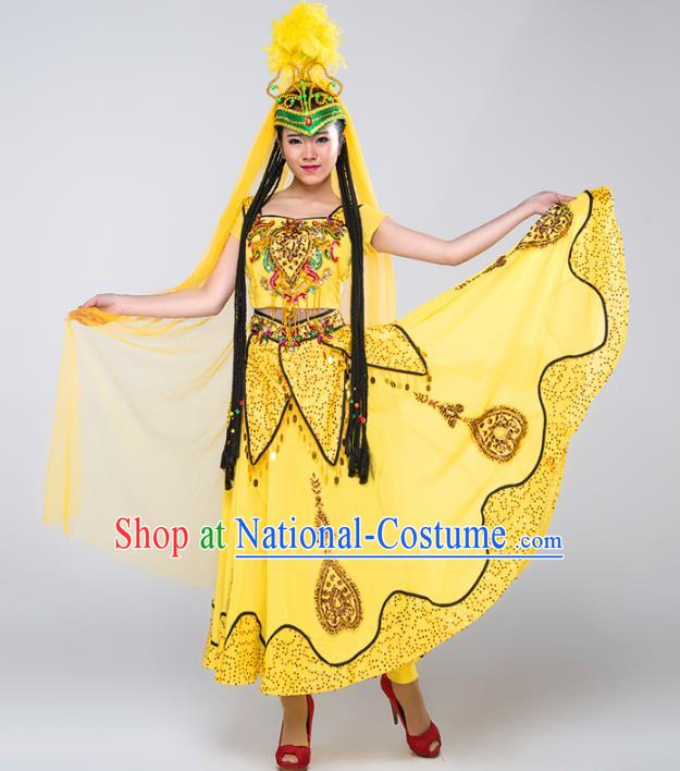 Traditional Chinese Uyghur Nationality Dance Costume, China Folk Dance Uigurian Minority Dance Dress and Headwear for Women