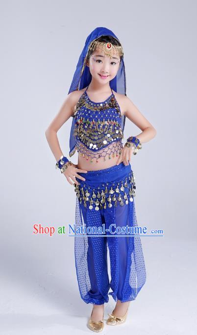 Traditional India Dance Royalblue Costume, Asian Indian Belly Dance Paillette Clothing for Kids