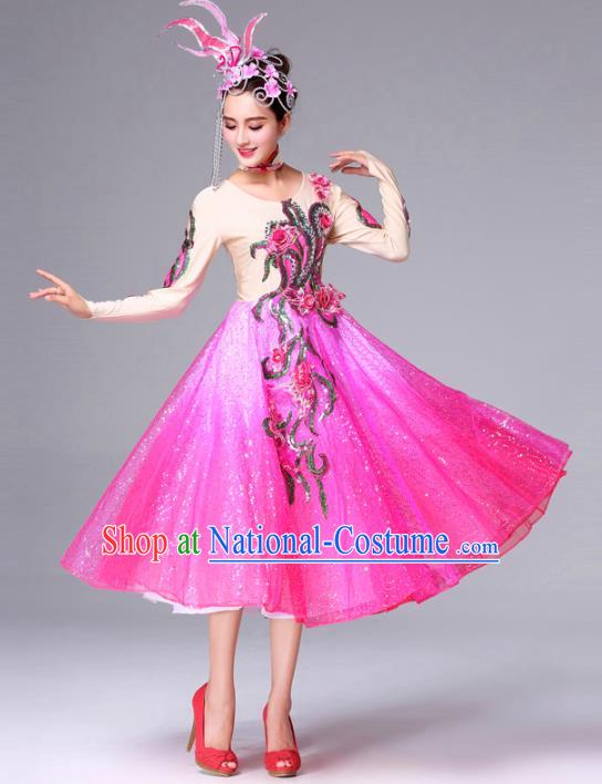 Traditional Chinese Yangge Fan Dance Costume, Folk Dance Yangko Classical Dance Pink Dress for Women