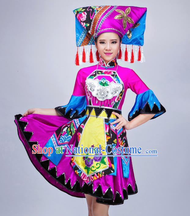 Traditional Chinese Miao Nationality Dance Costume, Chinese Zhuang Minority Nationality Embroidery Clothing for Women