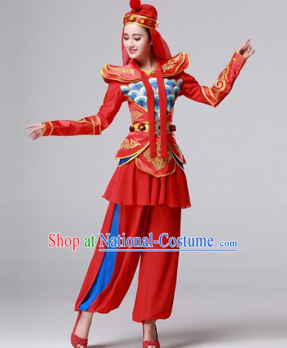 Traditional Chinese Yangge Fan Dance Costume, Folk Yangko Dance Drum Dance Red Clothing for Women