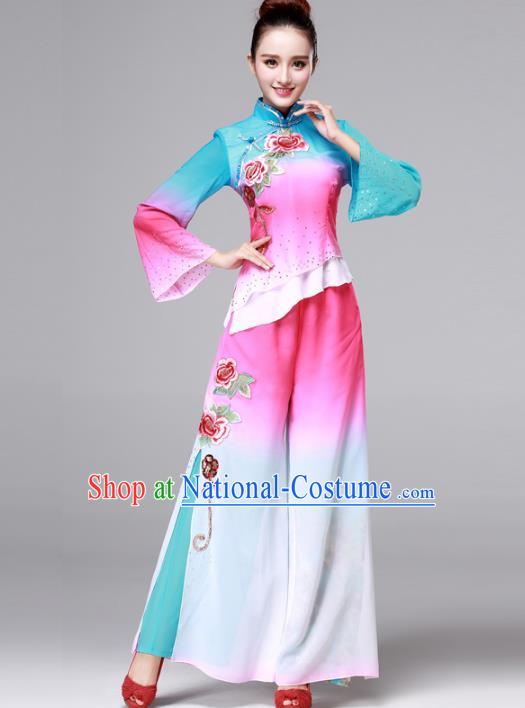 Traditional Chinese Yangge Fan Dance Costume, Folk Yangko Dance Drum Dance Pink Clothing for Women