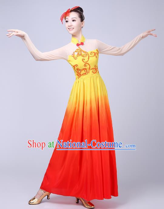 Traditional Chinese Yangge Fan Dance Costume, Folk Yangko Dance Classical Lotus Dance Orange Dress for Women