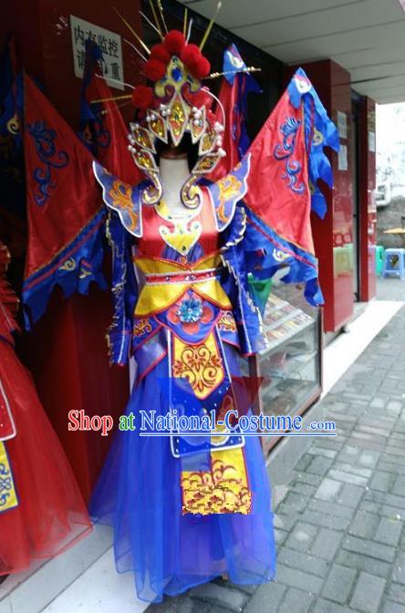 Traditional Chinese Beijing Opera Magic Warriors Blue Costume, China Peking Opera Blues Clothing for Women