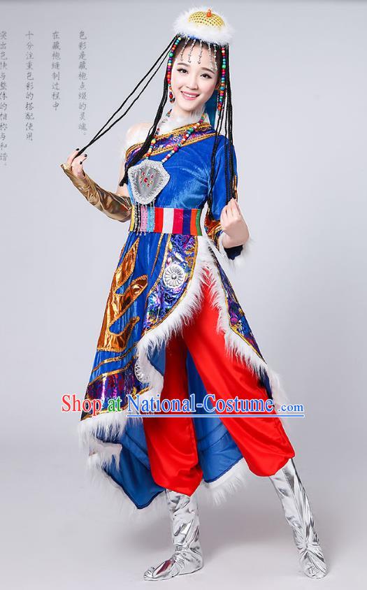 Traditional Chinese Mongol Nationality Dance Costume, Mongols Female Folk Dance Embroidery Blue Dress for Women