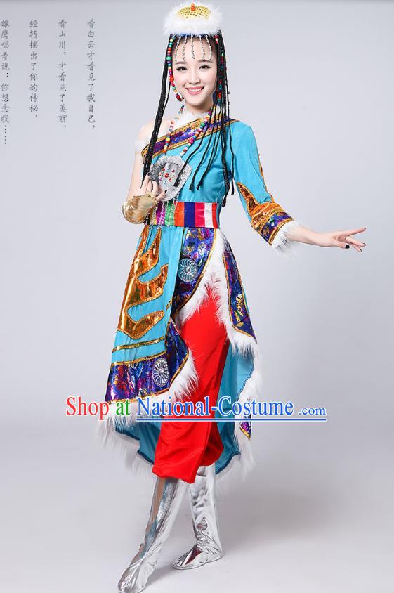 Traditional Chinese Mongol Nationality Dance Costume, Mongols Female Folk Dance Embroidery Light Blue Dress for Women