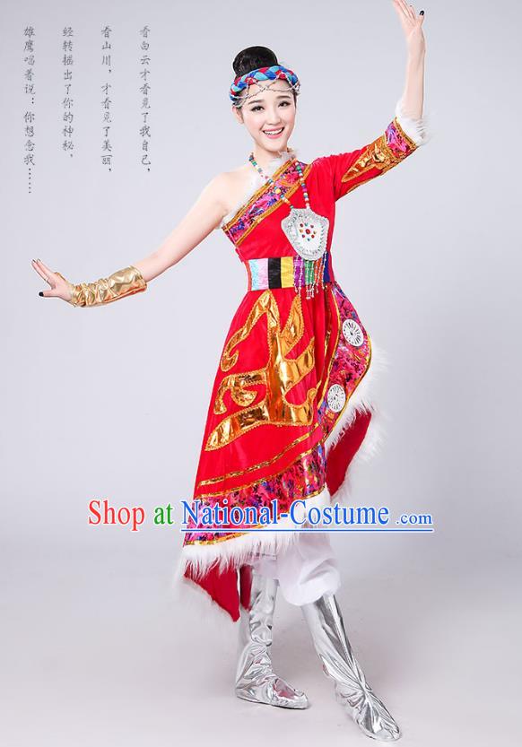 Traditional Chinese Mongol Nationality Dance Costume, Mongols Female Folk Dance Embroidery Red Dress for Women