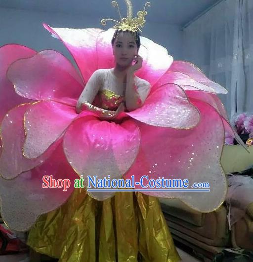 Professional Modern Dance Stage Performance Lotus Dance Dress Pink Flowers Costume for Women