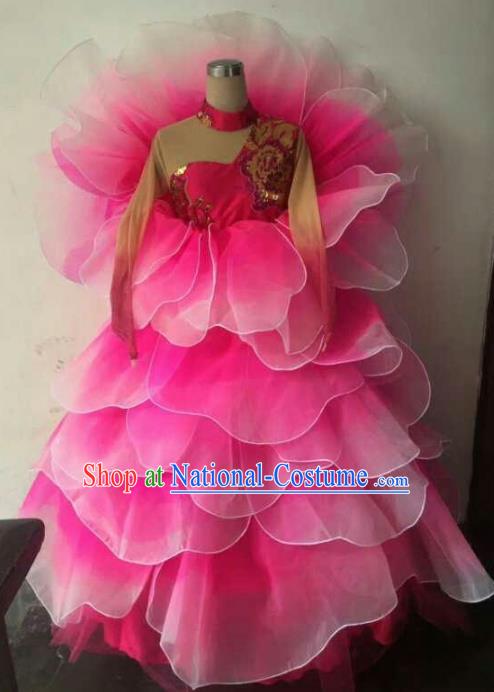 Professional Modern Dance Stage Performance Lotus Dance Embroidered Dress Pink Flowers Costume for Women